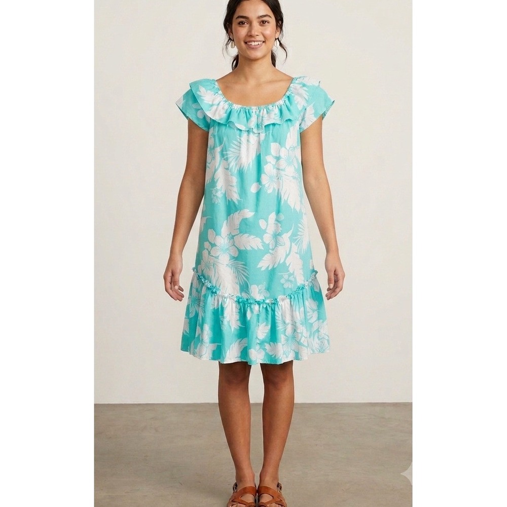 VTG 80/90s Kole Kole Hawaiian Aloha Muu Muu Ruffle Dress Aqua Monstera Women's S